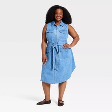 Women's Plus Sleeveless Denim Utility Midi Shirtdress - Ava & Viv