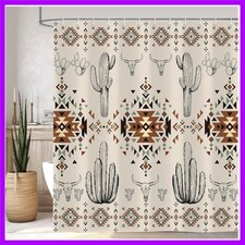 Western Shower Curtain, Aztec Abstract Geometric Vintage Southwest Cactu Skul...