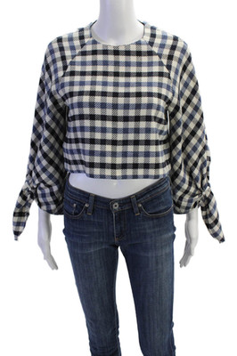 Tibi Womens Wool Geometric Print Tied Cuff Detail Crop Top Blue Size XS