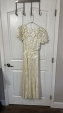 VTG 60s Cream Lace Maxi Prom Wedding Dress Empire Waist Ribbon Romantic