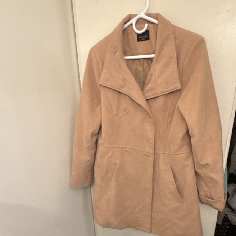 Sahara Women's Beige Solid Pea Coat Size 13 Button-Front Lined Mid-Length