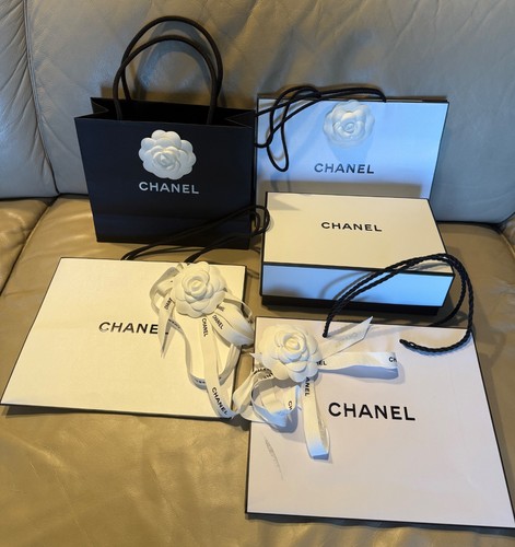 Authentic 7 Piece Chanel  Decorative  Paper Bag, Ribbon ,Box, Flower Sticker