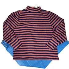 NWT Loft Rust/Brown & Navy Striped Soft Knit Mock Neck Top - SIZE S