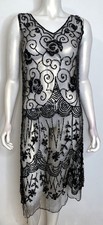 Antique 20s 30s Black Lace Art Deco Dress S M Beaded Sequin Floral