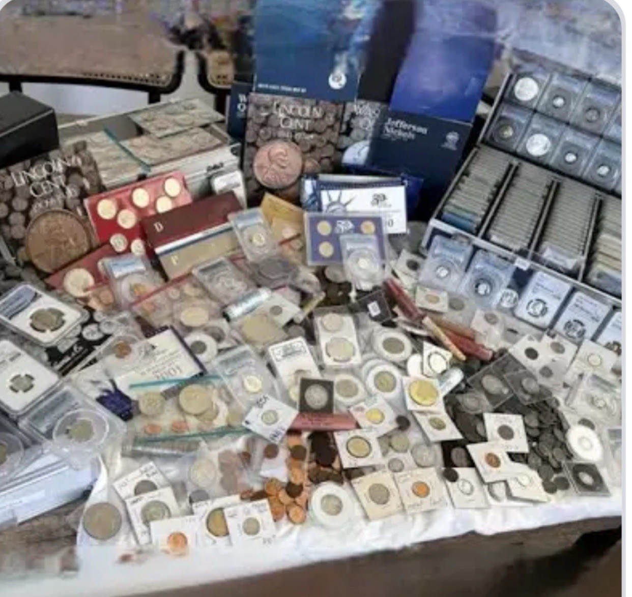 Junk Drawer Lot US Foreign Coins, Tokens, Toys, Stamps, Sports Cards