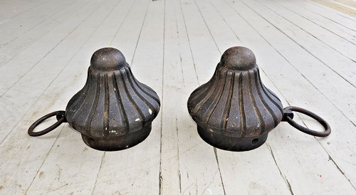 ANTIQUE PAIR  VICTORIAN CAST IRON HORSE HITCHING POST TOPS W/ RINGS EQUESTRIAN