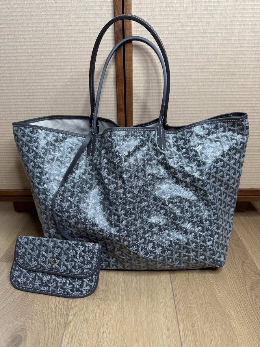 Auth GOYARD Saint Louis GM Gray Coated Canvas Leather Tote Bag
