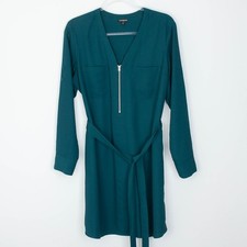 Express Green Shirt Dress Zipper Belted Long Sleeve Size L Roll Tab Sleeve Work