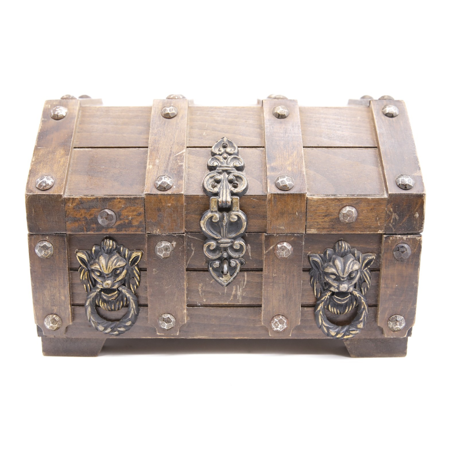 Vintage Wood Pirate Chest Jewelry Box Dark Red Lining