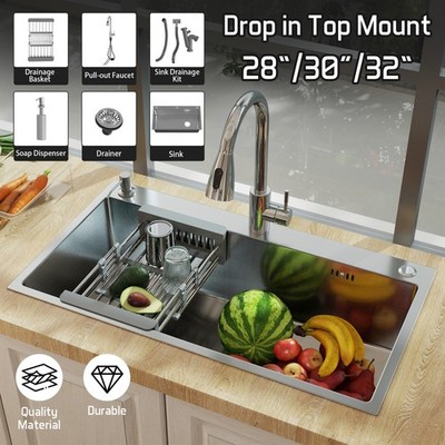 28''/30''/32'' Drop In Single Bowl Kitchen Sink Stainless Steel Single Bowl Faucet
