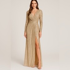 IEENA by Mac Duggal Gold Sequin Long Sleeve Floor-Length Gown - Size 8