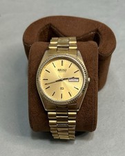 Vintage Seiko SQ 5Y23-8A60 Gold Sunburst Day Date Quartz Watch 36mm Fluted Bezel