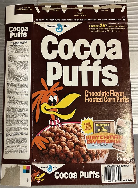 1982 General Mills Cocoa Puffs Cereal Box Watchman Ad