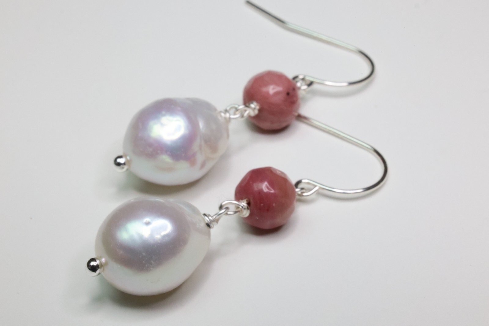 Boucles d'oreilles argent perles de culture et rhodonite idée cadeau femme 1962