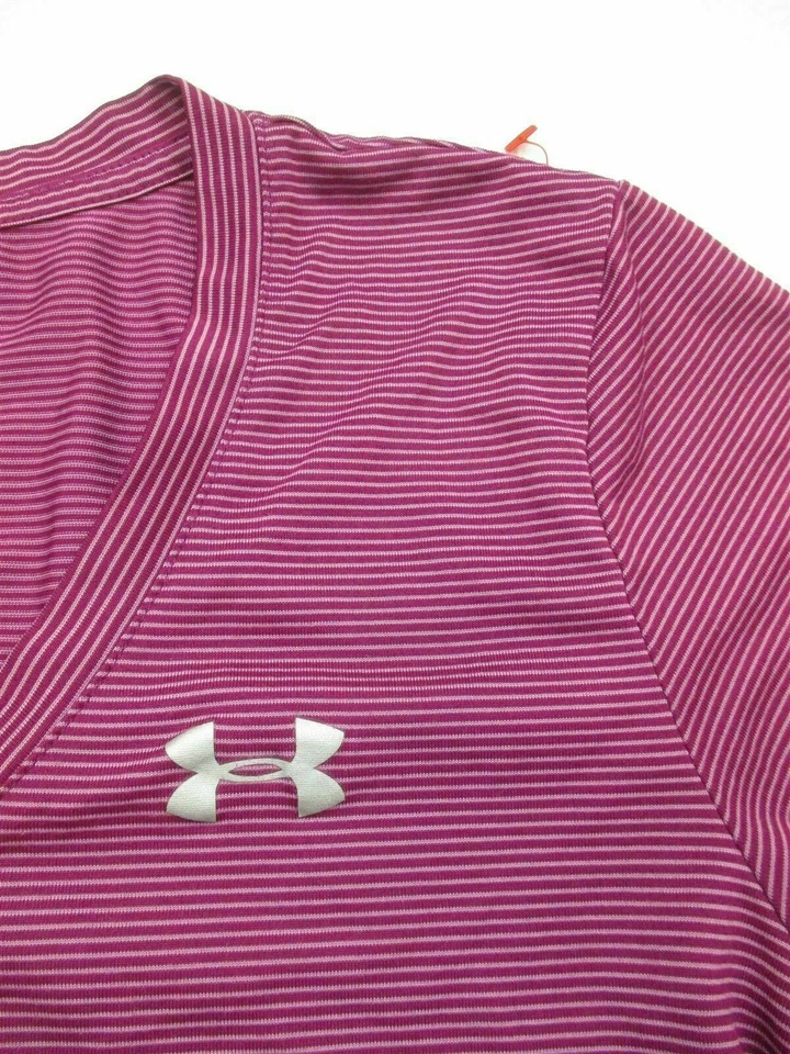 Camiseta Under Armour T3949 para mujer talla S calce suelto púrpura a rayas cuello en V Foto 2 de 4