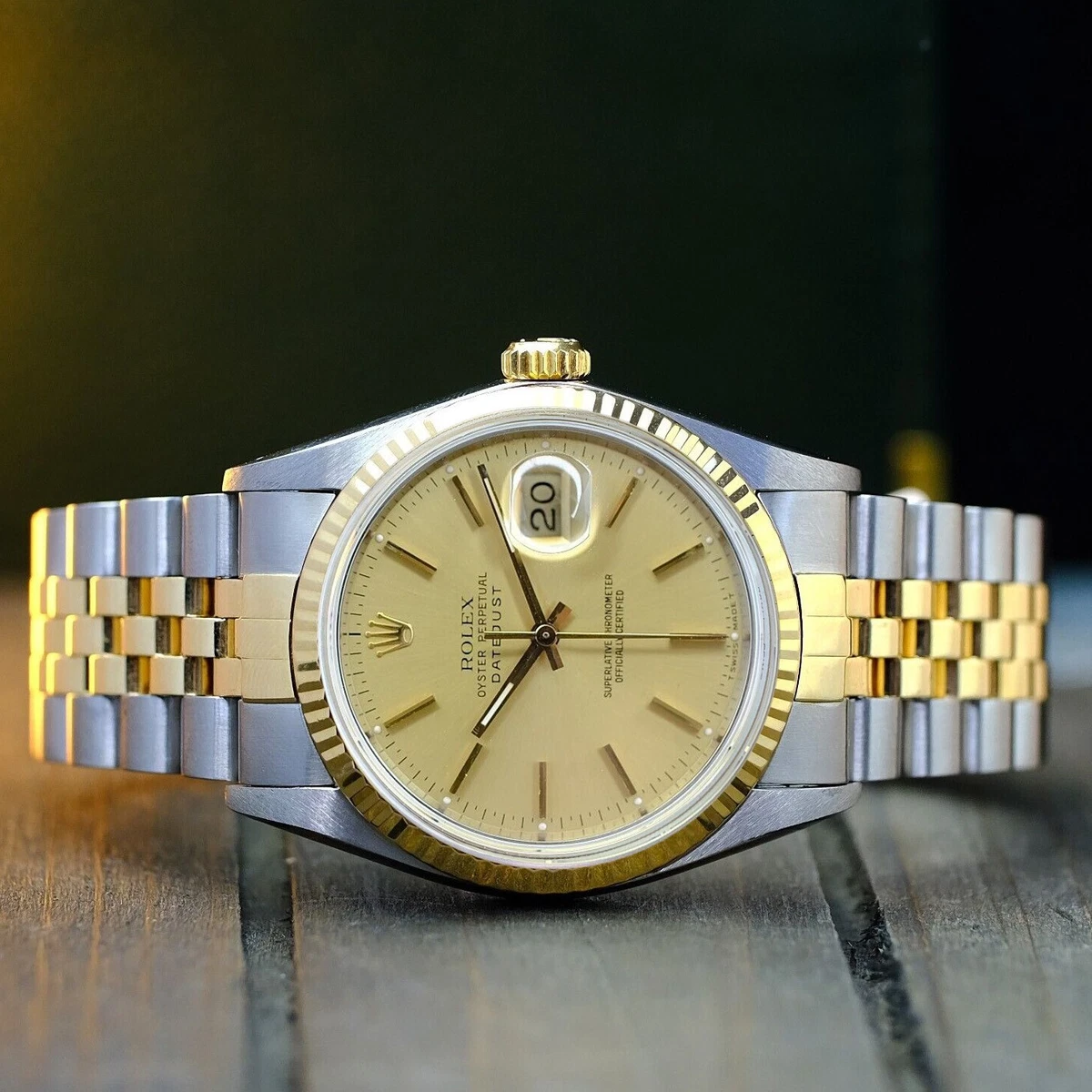 MONTRE HOMME ROLEX DATEJUST 36 MM CADRAN CHAMPAGNE DEUX TONS 18K LUNETTE CANNEL