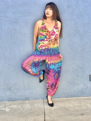 Womens Handmade Cotton Jumpsuit Tie Dye Beach  Boho Hippie  Fits SML Fit Thru Bo