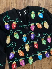 Sequin Glitz Glam Colorful Lights Ugly Christmas Sweater Cardigan Holy Grail M L
