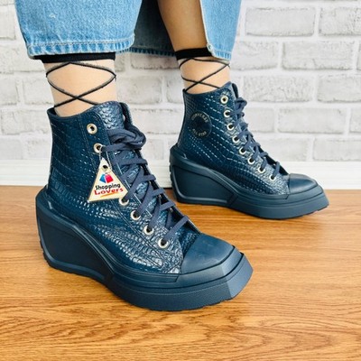  Chuck 70 De Luxe Wedge Platform Leather Sneakers 7 Women's Shoes Blue A10037C 
