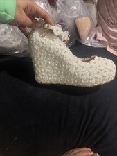 Womens Flower Pearl Platform Bride Wedding Wedge heel Ankle Strap Pumps Shoes