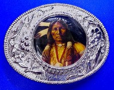 Native American Indian Warrior Chief Two Feather Round Picture Belt Buckle