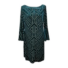 Vince Camuto Velvet Burnout Dress Size 10 Mini Green Flare Sleeve Art Deco Glam