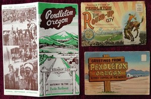 VINTAGE/ORIGINAL PENDLETON OREGON: 1949 BROCHURE, 2 OLDER COLOR POSTCARD FOLDERS