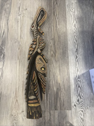 Vintage 24” Hand Carved Papua New Guinea Wooden Bird Figure Sculpture 1991