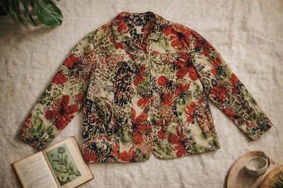 Cotton Linen Jacket Mixed Floral Animal Print Button Front Lightweight Coat 1X