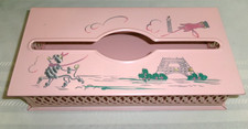 MCM Metal Pink Hand Painted Parisian Scenes Tissue Box Cover Hollywood Regency