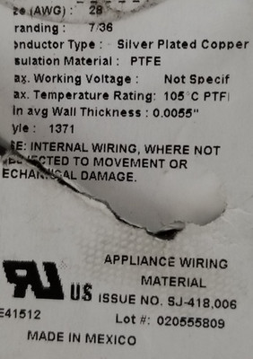 Carlisle/Thermax 28awg SPC Silver PTFE Hook Up Wire M16878/6-28-9 White /100ft