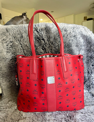 MCM Red Visetos Large Shopper Tote Bag w/ Removable Pouch