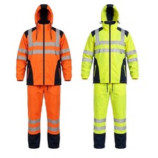 Men Hi Vis 2 Tone Waterproof Work Safety Reflective  Zip Pockets Hood Suit/Set