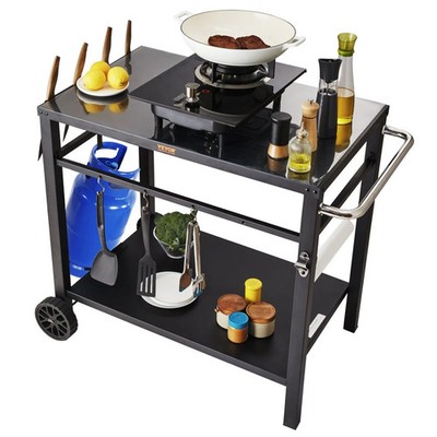 Outdoor Grill Dining Cart with Double-Shelf, BBQ Movable Food Prep Table, Multif