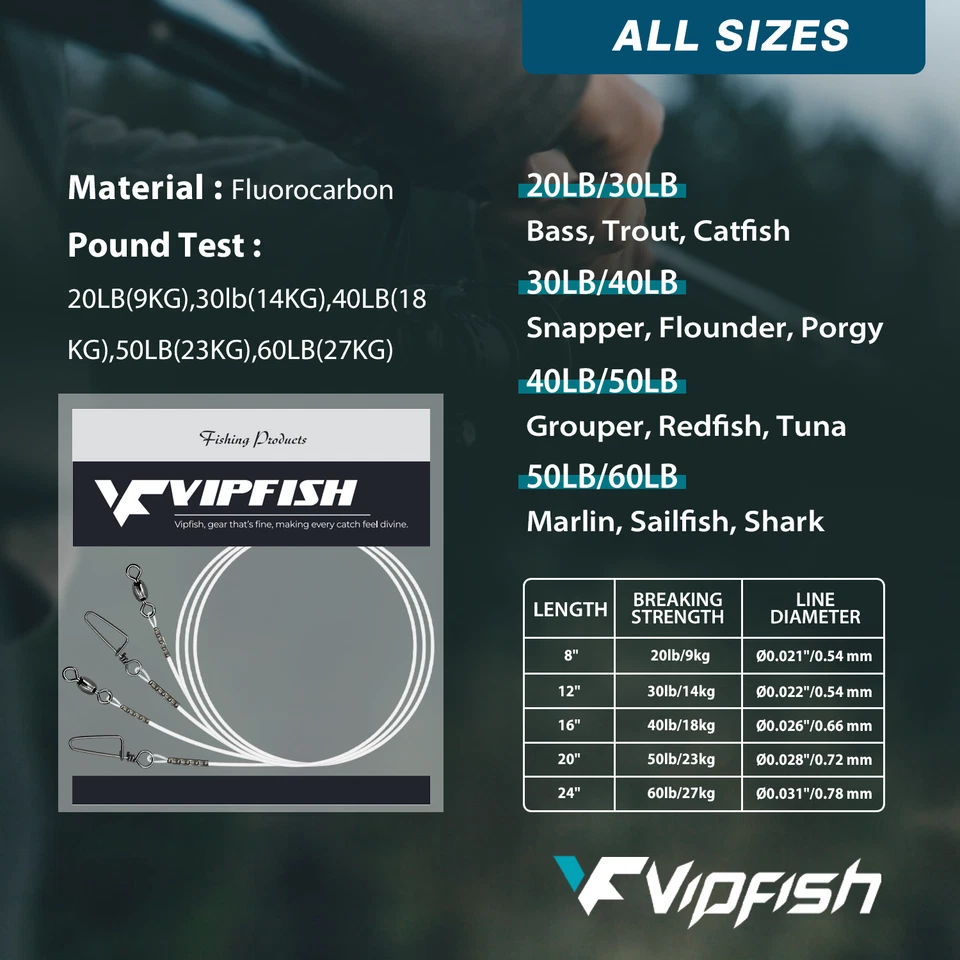 Líder de fluorocarbono de pesca con grúa giratoria y broches de presión - Resistente 20-80 lb Foto 3 de 4