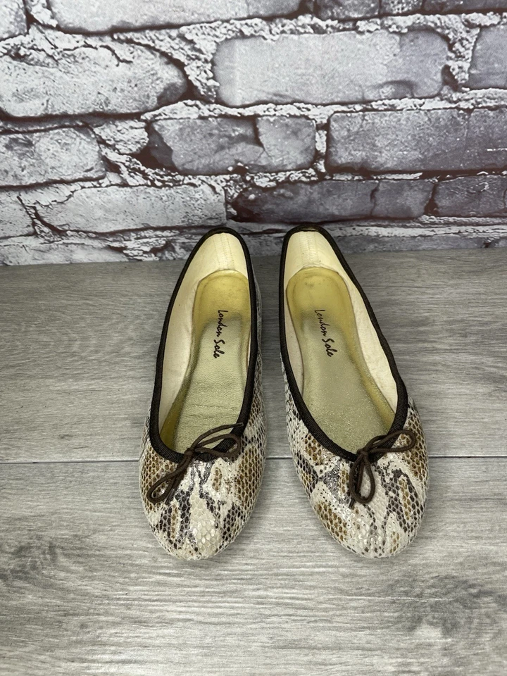 London Sole Brown Beige Snake Skin Print Bow Ballet Flats Women Sz 38EU/7.5M US - Image 3 of 4