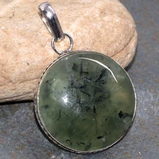 925 Silver Plated Moss Prehnite Round Pendant Gemstone Handmade 1.7" JW