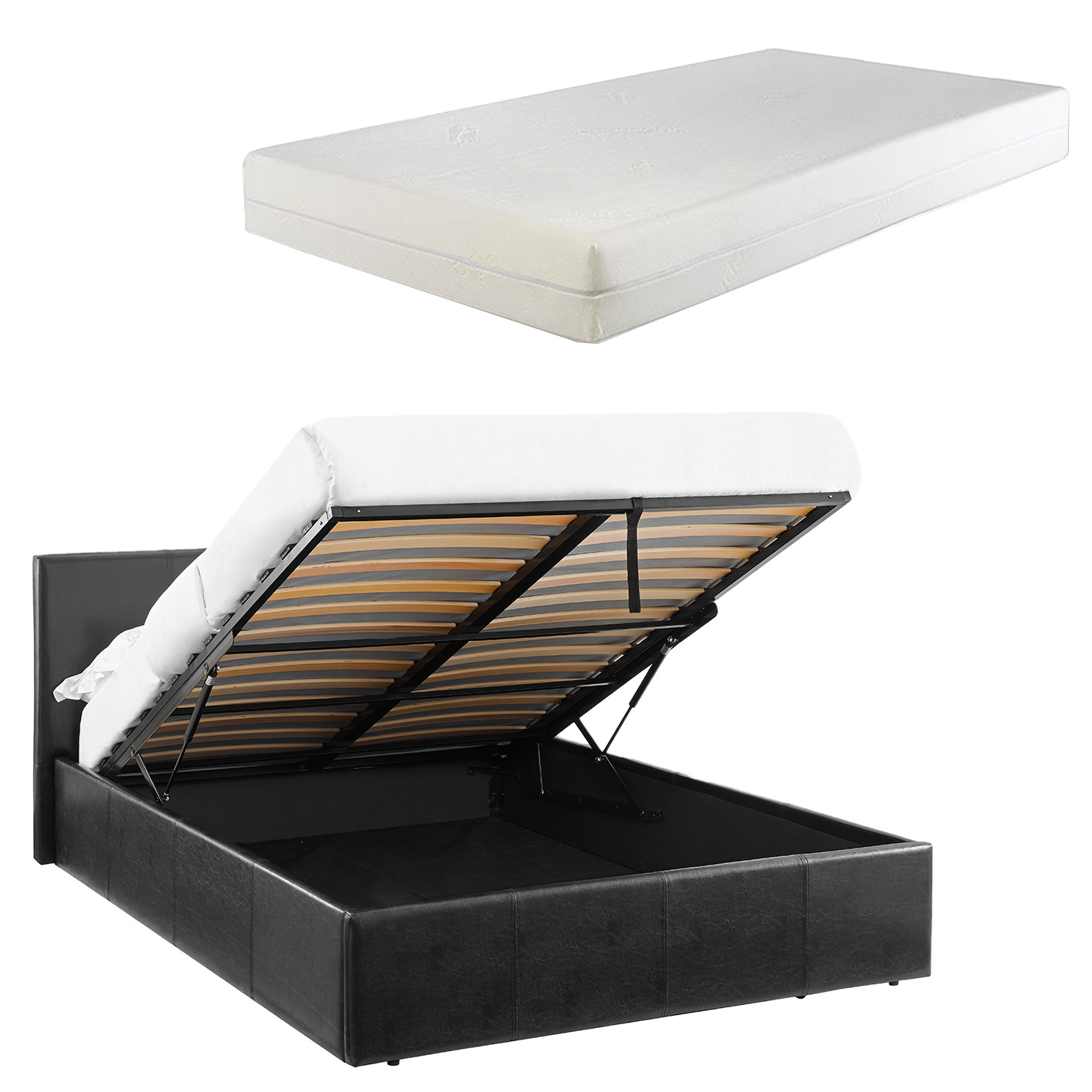 LUNA 3FT Single Ottoman Bed Black Faux Leather + 20cm Memory Foam