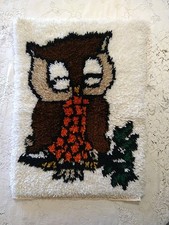 Finished Latch Hook Rug Owl Wall Hanging Tapestry 20" x 27" - Retro Vtg