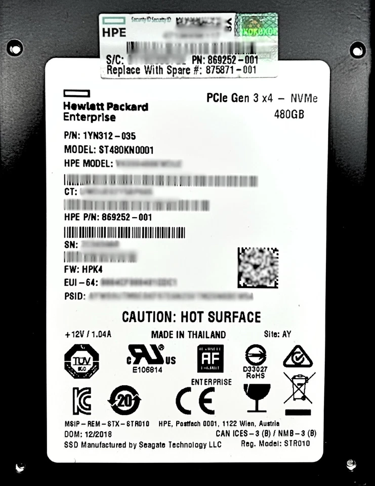 HP 875871-001 480GB NVME 2.5 SSD RI Read Intensive SFF X4 Solid State Drive - Image 3 of 4