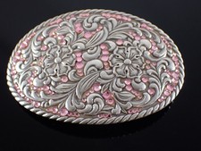 Vintage Belt Buckle Floral Country Western Silver Tone Pink Rhinestones 3.5"