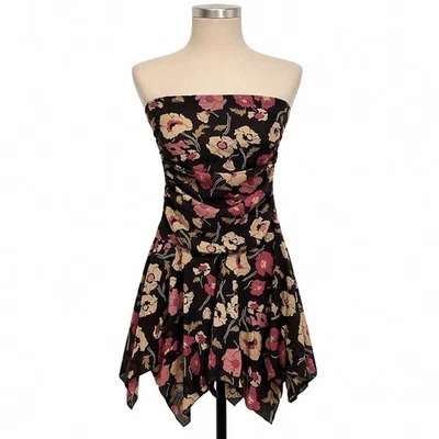Y2K City Triangles Strapless Floral Mesh Handkerchief Hem Dress Brown Pink Large - Image 1 of 4