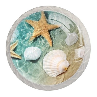 4 Pack Dresser Drawer Cabinet Knobs Beach Starfish Seashell Round Shape Cryst...