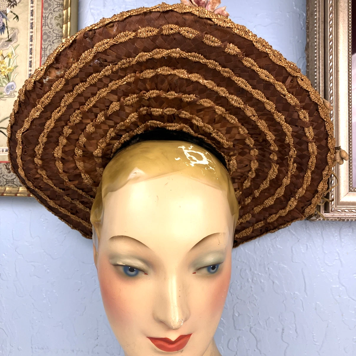 Vintage Woman\'s Straw Hat, Straw Lining & Back Bow, Unbranded, Head Circ 24\