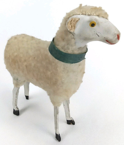 Antique 1920s Putz Sheep Wool Body Composition Head Wood Legs Made In Germany