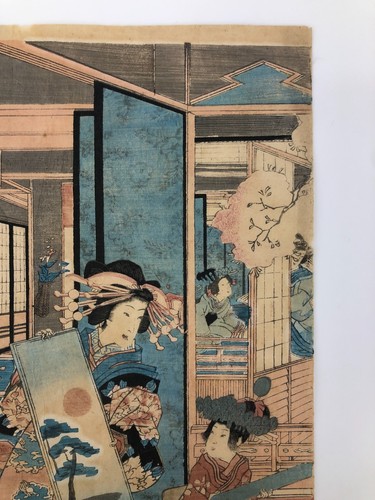 Trittico xilografia Kunisada: Shin Yoshiwara Inamotoro al suo apice Bijin-ga - Foto 18 di 21