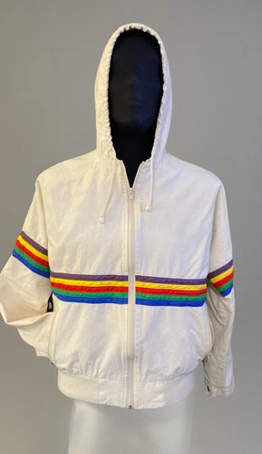 OFF WHITE Giacca a vento vintage J Riggings con cappuccio bianco sporco con strisce arcobaleno full zip