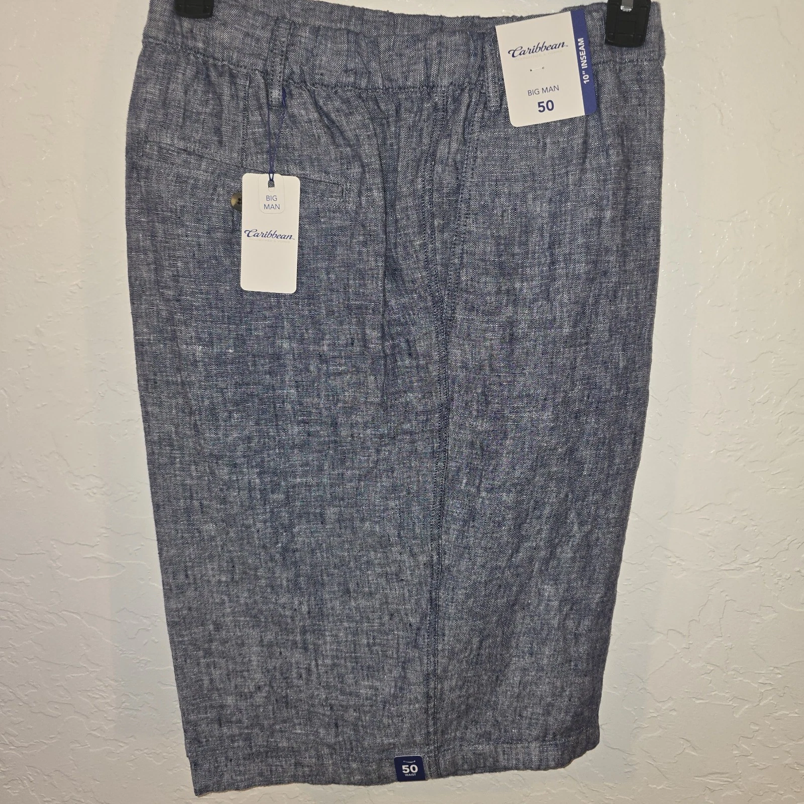 Caribbean Men's Big & Tall Flat Front BLUE 10" Linen Shorts Drawstring 50 Big