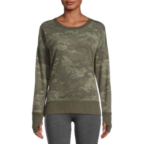 Women's Athletic Crew Neck T-Shirt - Slim Fit - Camo Leaves - Sage Green