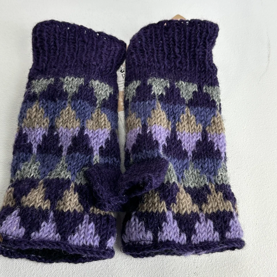 Guantes Feelgoodz Jaya Bloom de punto de lana sin dedos púrpura gris triángulo OS Foto 2 de 4